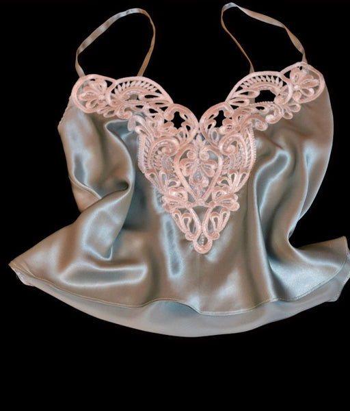 Pure Silk Nottingham Lace Trimmed Camisole in Ocean Pearl and Ivory - CMS2