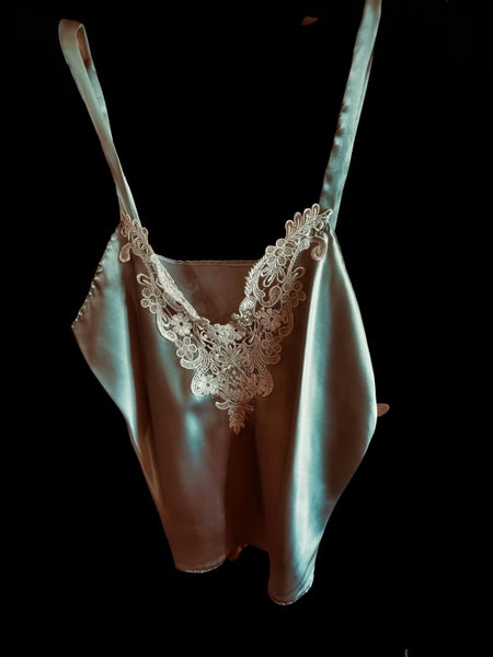Pure Silk Nottingham Lace Trimmed Camisole in Ocean Pearl and Ivory - CMS3