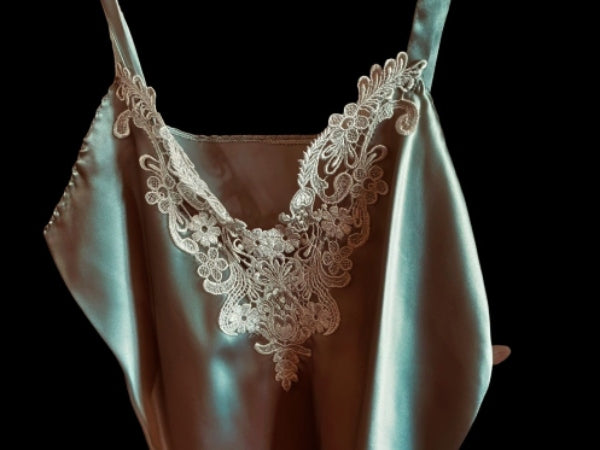Pure Silk Nottingham Lace Trimmed Camisole in Ocean Pearl and Ivory - CMS3