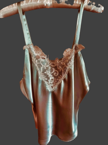 Pure Silk Antique Nottingham Lace Trimmed Camisole in Ocean Pearl and Ivory - CMS4