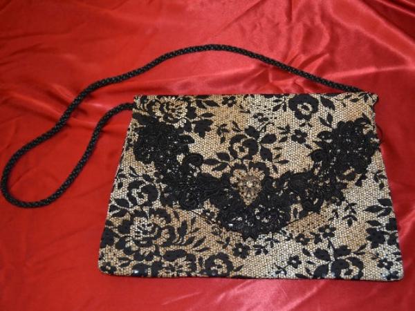 Black and Gold Fabric and Lace Purse - PUR10