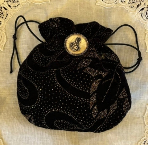 Gold and Black Silk Lined Velvet Purse with Marcasite Decoration - PUR01