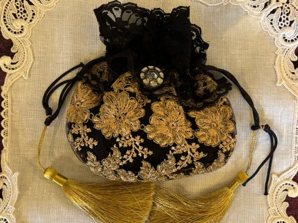 Embroidered Antique Gold Lace and Black Silk Lined Velvet Purse - PUR03