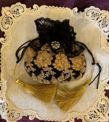 Embroidered Antique Gold Lace and Black Silk Lined Velvet Purse - PUR03