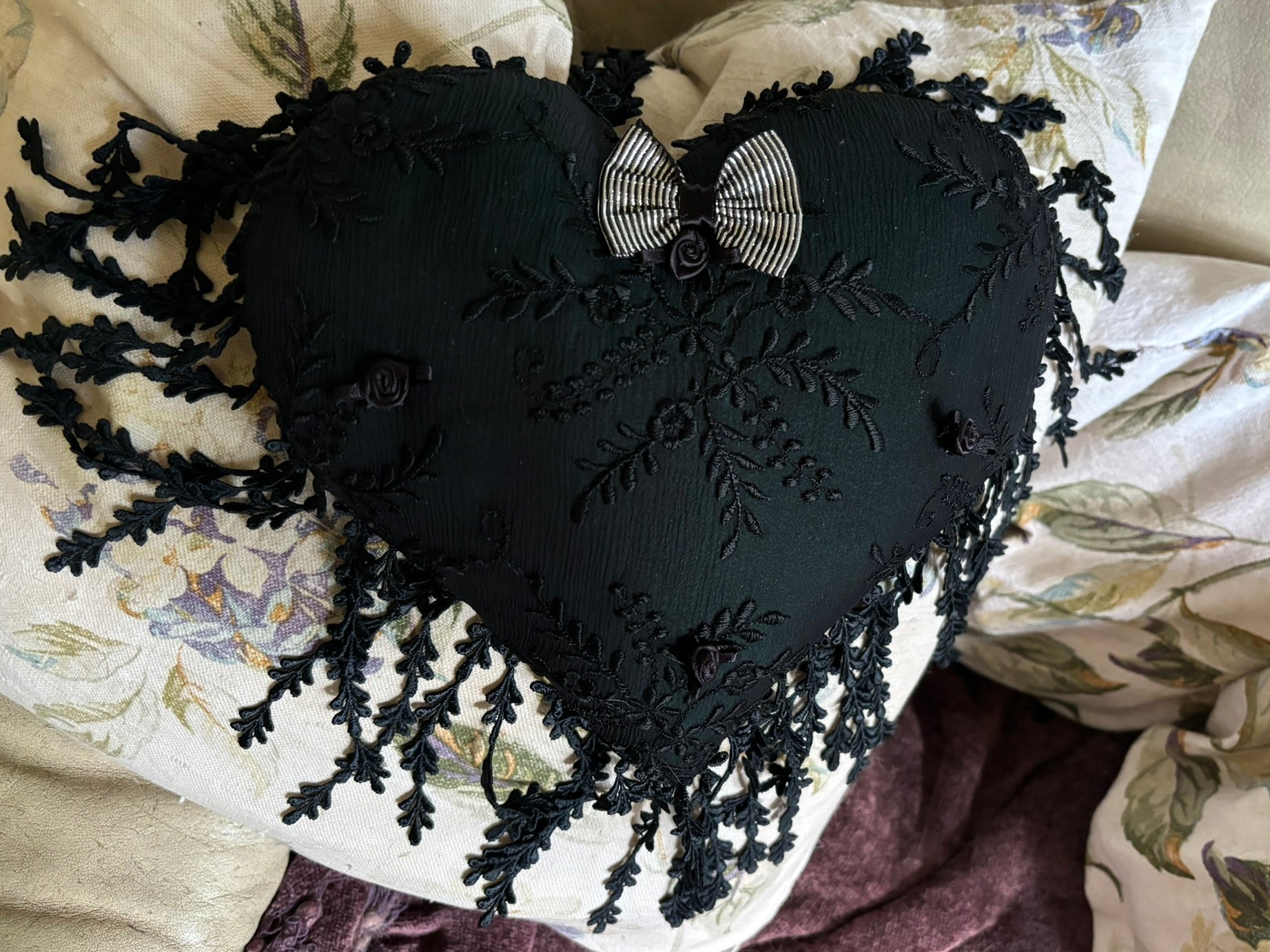 Dark Rosebud and Bow Silk Heart Cushion - RHCNBOW