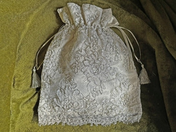 Ivory Silk Drawstring Evening Bag With Silver Embroidered Lace - PUR06