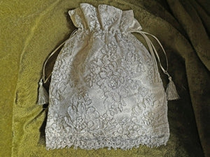 Ivory Silk Drawstring Evening Bag With Silver Embroidered Lace - PUR06