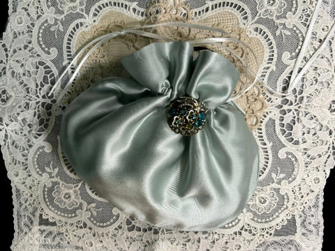 Pale Teal Pure Silk Lined Drawstring Purse with a Handmade Brooch - PUR13