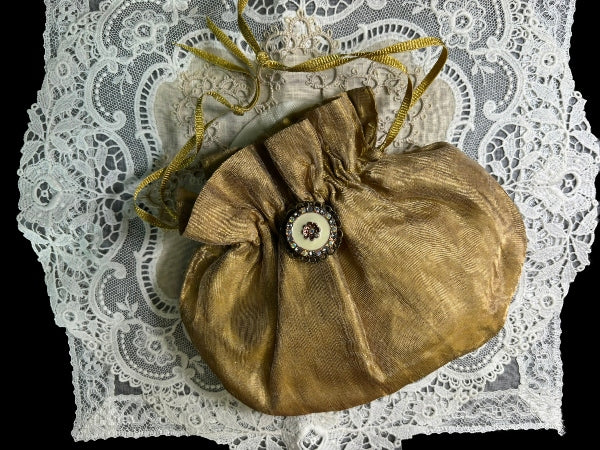 Gold Silk Organza Lined Drawstring Purse with a Handmade Brooch - PUR14