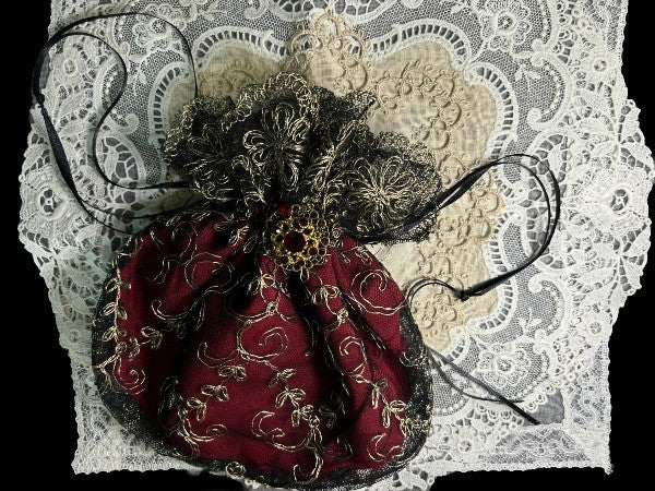 Gold and Black Nottingham Lace Drawstring Purse with a Handmade Brooch - PUR15