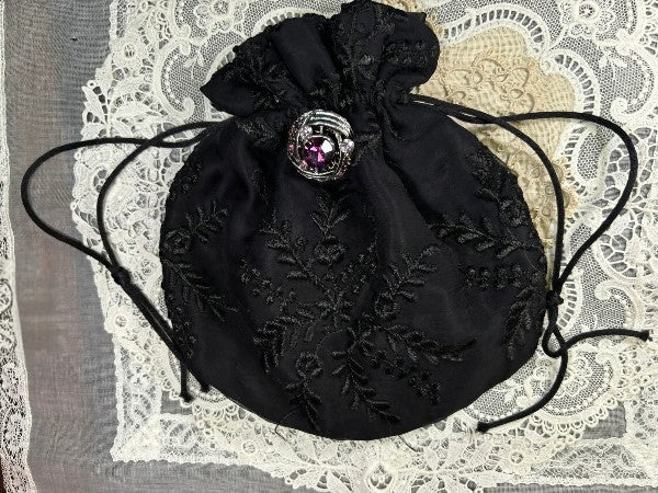 Black Silk Chiffon Drawstring Purse with a Handmade Brooch - PUR18