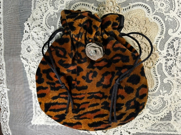 Leopard Skin Drawstring Purse with a Handmade Brooch - PUR20