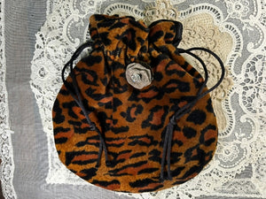 Leopard Skin Drawstring Purse with a Handmade Brooch - PUR20