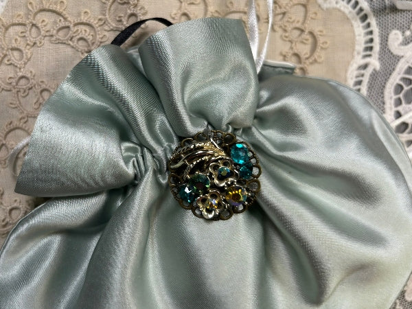 Pale Teal Pure Silk Lined Drawstring Purse with a Handmade Brooch - PUR13