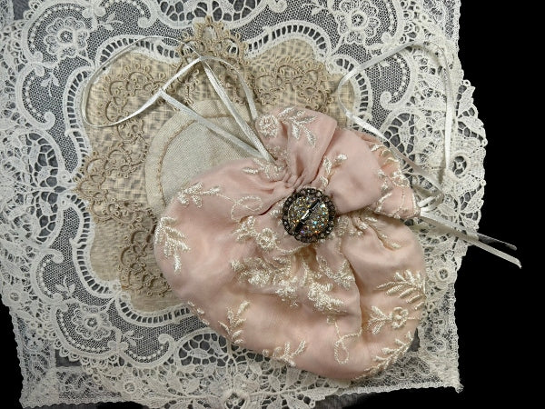 Ivory Silk Chiffon and Pale Pink Silk Lined Drawstring Purse with a Handmade Brooch - PUR12