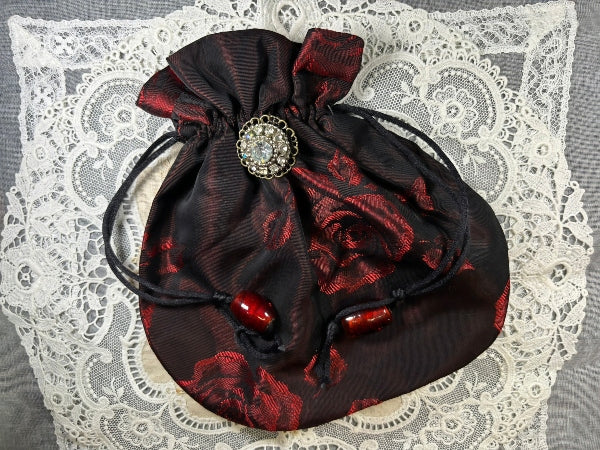 Ruby Rose Drawstring Purse with a Handmade Brooch - PUR16