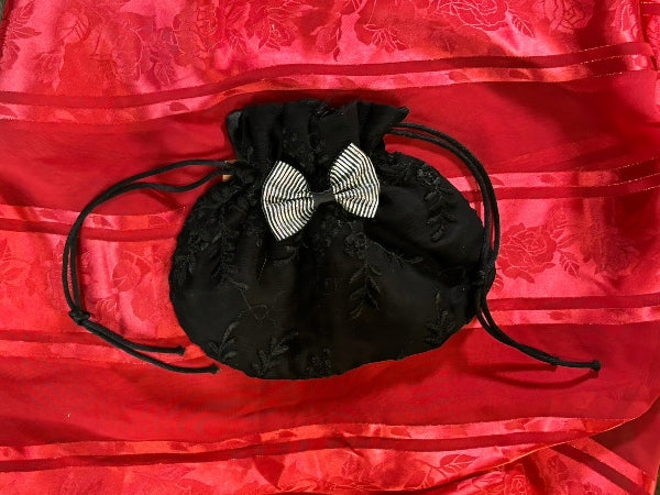 Black Silk Chiffon Drawstring Lipstick Purse with a Stripey Bow - PUR31