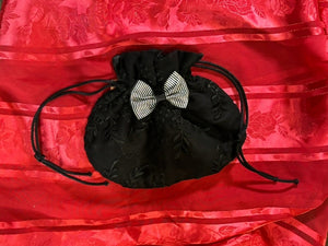 Black Silk Chiffon Drawstring Lipstick Purse with a Stripey Bow - PUR31