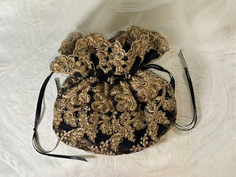 Embroidered Antique Gold Lace and Black Silk Lined Purse - PUR25