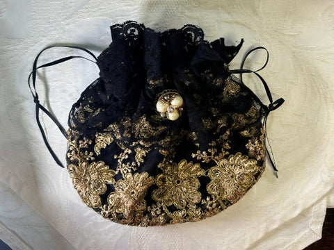 Embroidered Antique Gold Lace and Black Silk Lined Velvet Purse with a Handmade Brooch - PUR21