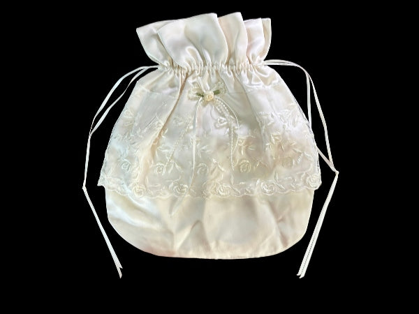 Ivory Silk Drawstring Evening Bag with Nottingham Lace Trim and Rosebud - PUR35