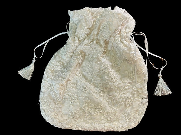 Embroidered and Beaded Nottingham Lace Ivory Drawstring Evening Bag - PUR36