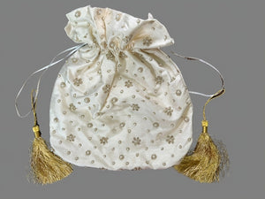 Ivory Silk Beaded Drawstring Evening Bag with Gold Tassels - PUR32