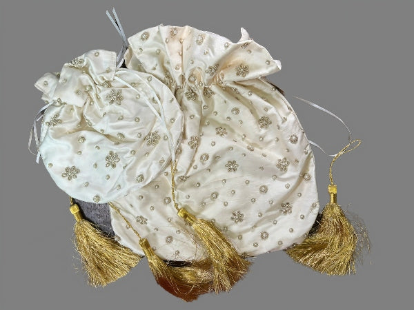 Ivory Silk Beaded Drawstring Evening Bag with Gold Tassels - PUR33