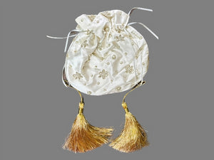 Ivory Silk Beaded Drawstring Evening Bag with Gold Tassels - PUR33