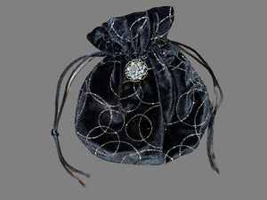 Black and Gold Patterned Velvet Drawstring Purse with a Handmade Brooch - PUR17