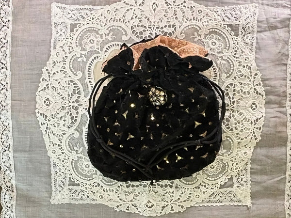 Black and Gold Patterned Velvet Drawstring Purse with a Handmade Brooch - PUR39