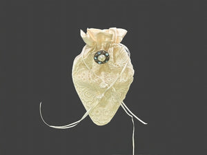 Ivory Drawstring Silk Teardrop Purse with Lace Motif and a Handmade Brooch - PUR23