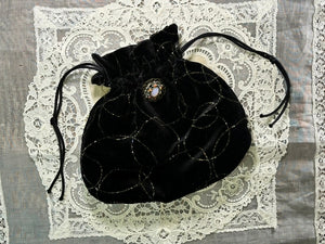 Black and Silver Patterned Velvet Drawstring Purse with a Handmade Brooch - PUR42