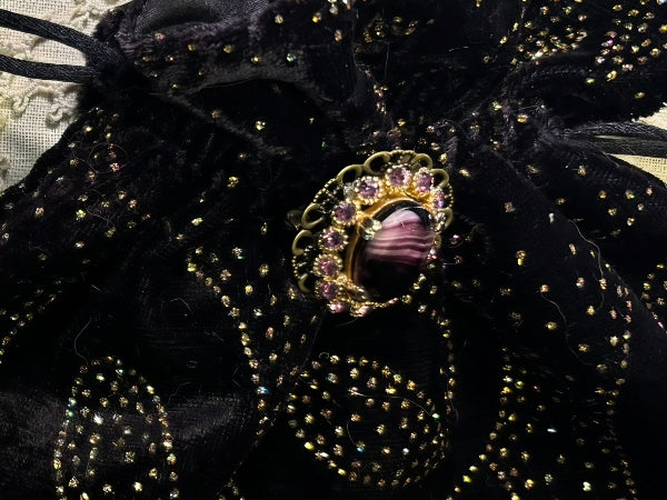 Black and Gold Patterned Velvet Drawstring Purse with a Handmade Brooch - PUR43