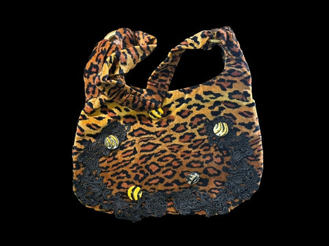 Leopard skin Cotton Velvet Tote Bag with Nottingham Lace Decoration and Buttons - PUR46