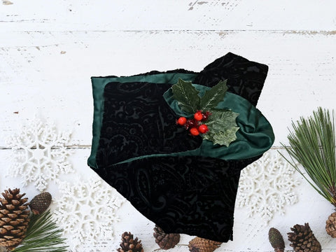 Black Devore Silk Velvet and Bottle Green Silk Scarf - SF2003