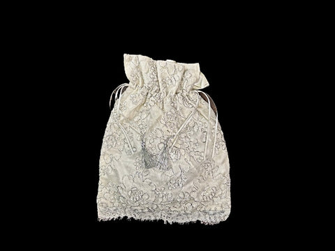 Embroidered Nottingham Lace Ivory and Silver Drawstring Evening Bag - PUR48