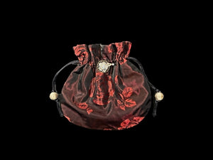 Ruby Rose Silk Drawstring Purse with a Handmade Brooch - PUR50