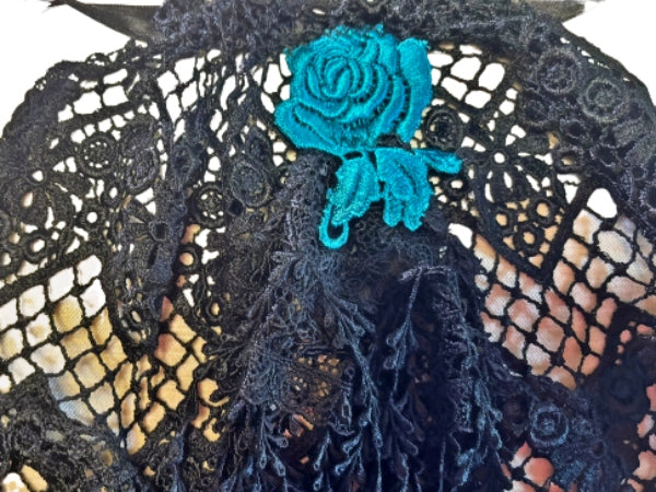 Black Guipure Nottingham Lace Jabot/Ruffle with Turquoise Motif - JABOTG