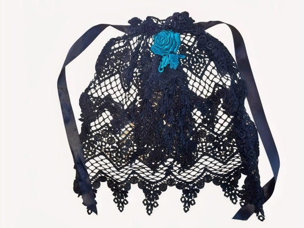Black Guipure Nottingham Lace Jabot/Ruffle with Turquoise Motif - JABOTG