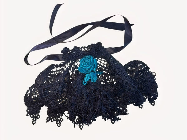 Black Guipure Nottingham Lace Jabot/Ruffle with Turquoise Motif - JABOTG