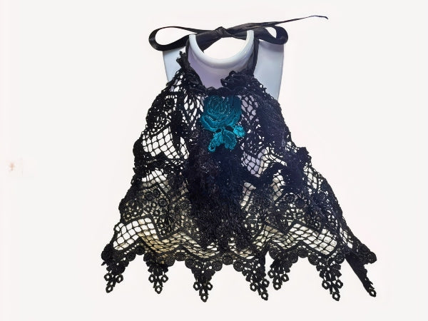 Black Guipure Nottingham Lace Jabot/Ruffle with Turquoise Motif - JABOTG