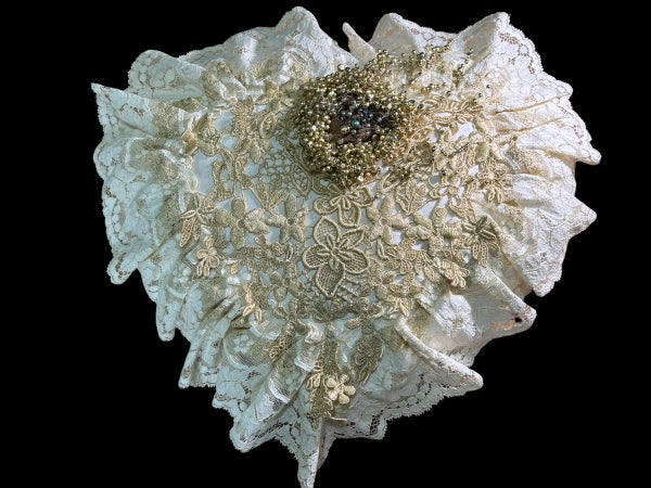 Lace Lovers Ivory and Gold Nottingham Lace Heart Pillow - LLCN3003
