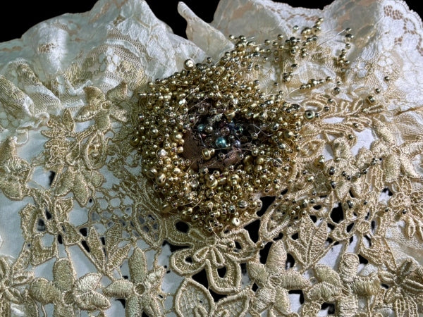 Lace Lovers Ivory and Gold Nottingham Lace Heart Pillow - LLCN3003