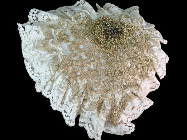 Lace Lovers Ivory and Gold Nottingham Lace Heart Pillow - LLCN3003