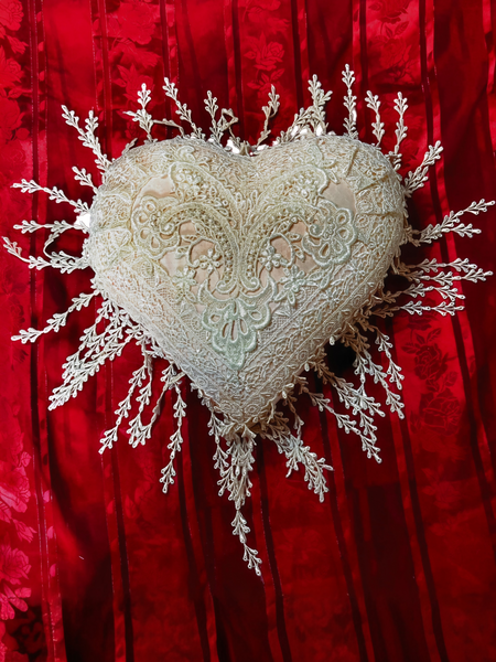 Victorian Era Silk and Lace Heart Cushion in Pale Pink and Ivory - LLCN3011