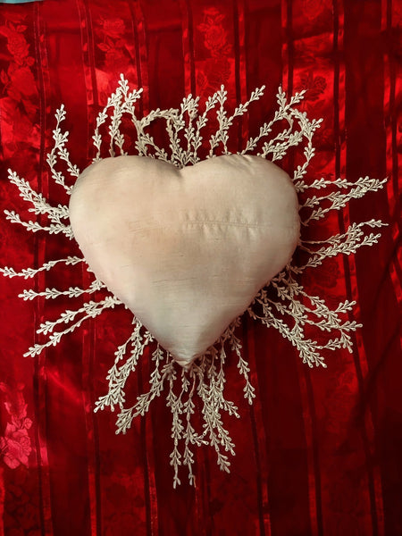 Victorian Era Silk and Lace Heart Cushion in Pale Pink and Ivory - LLCN3011