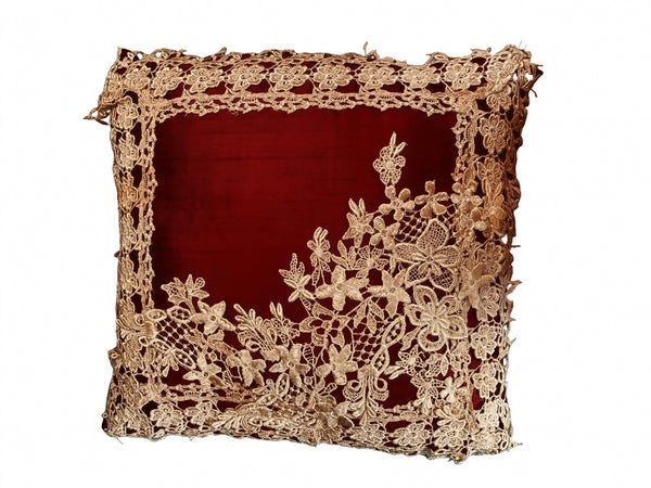 Lace Lovers Ruby and Gold Antique Nottingham Lace Silk Cushion - LLCN3014