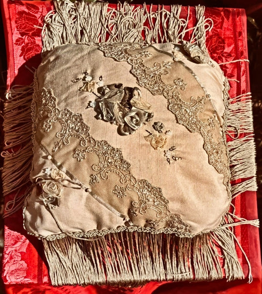 Lace Lovers Edwardian Inspired Silk and Nottingham Lace Cushion - LLCN3023