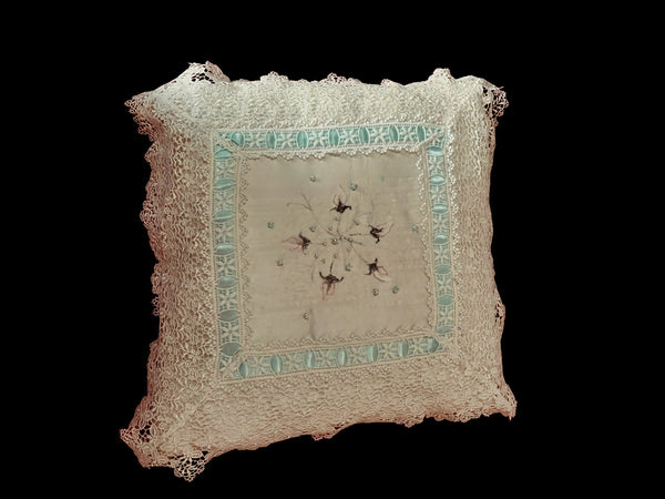 Lace Lovers ivory Silk and Nottingham Lace Hand Painted Cushion - LLCN3035
